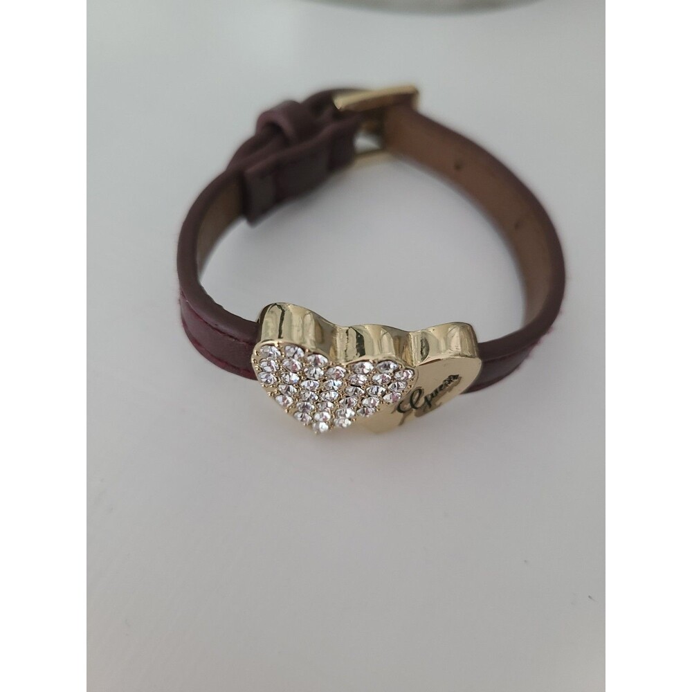Guess Brown Faux Leather Gold Strap Double Heart Crystal Buckled Bracelet